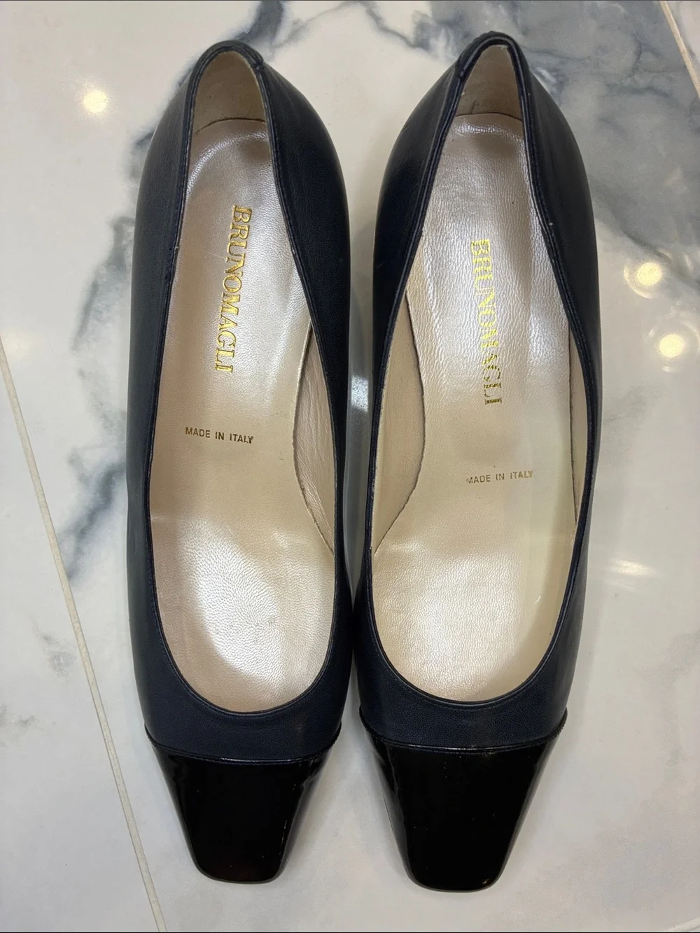 Bruno Magli Navy Leather Pumps with Black Patent Square Toe Cap